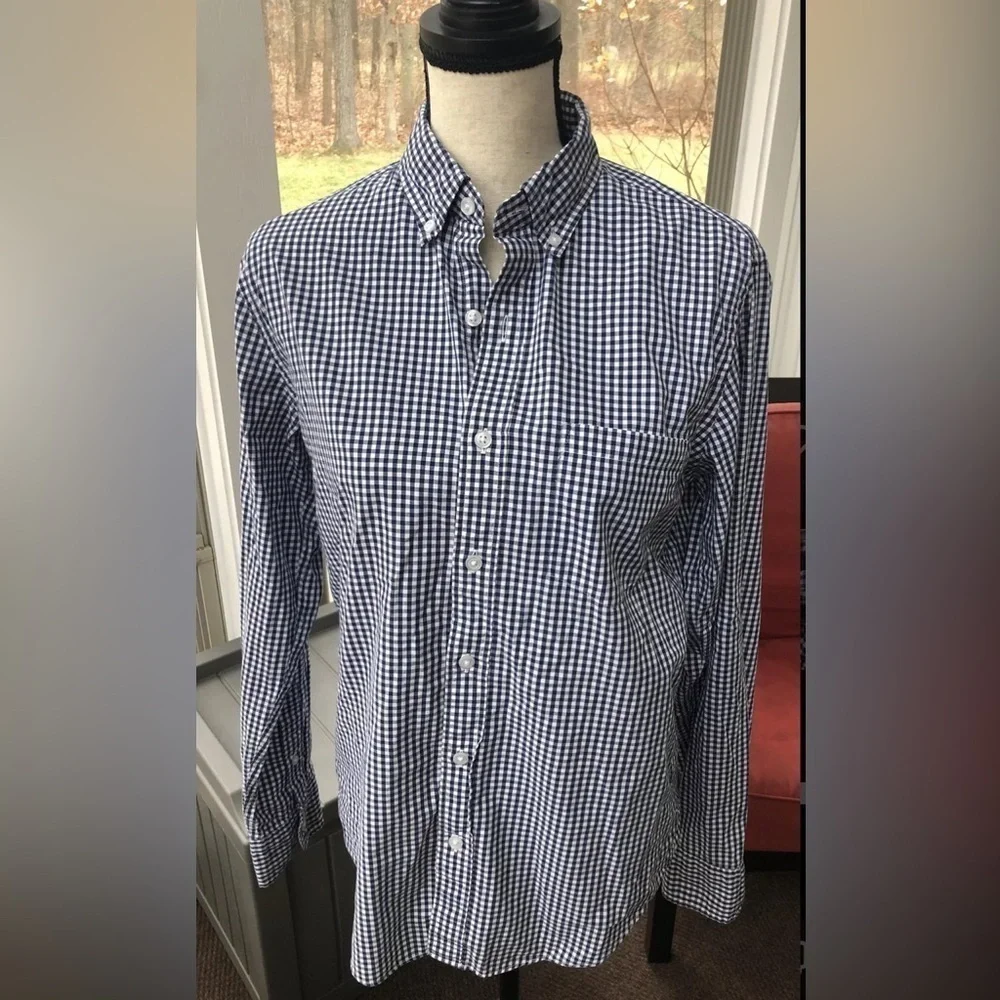 J. CREW Men's Slim Fit Size Large Navy and White Plaid Button Down Shirt Oxford